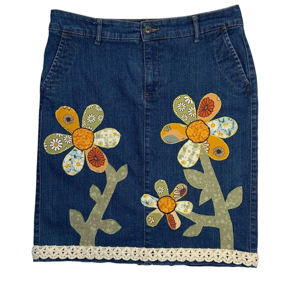 Sonoma Denim Pencil Jean Skirt Flower Applique Boho Crochet Trim Womens 8